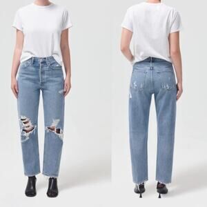 Agolde 90's Mid Rise Loose Fit Jeans Distressed Rigid Denim Button Fly Size 27